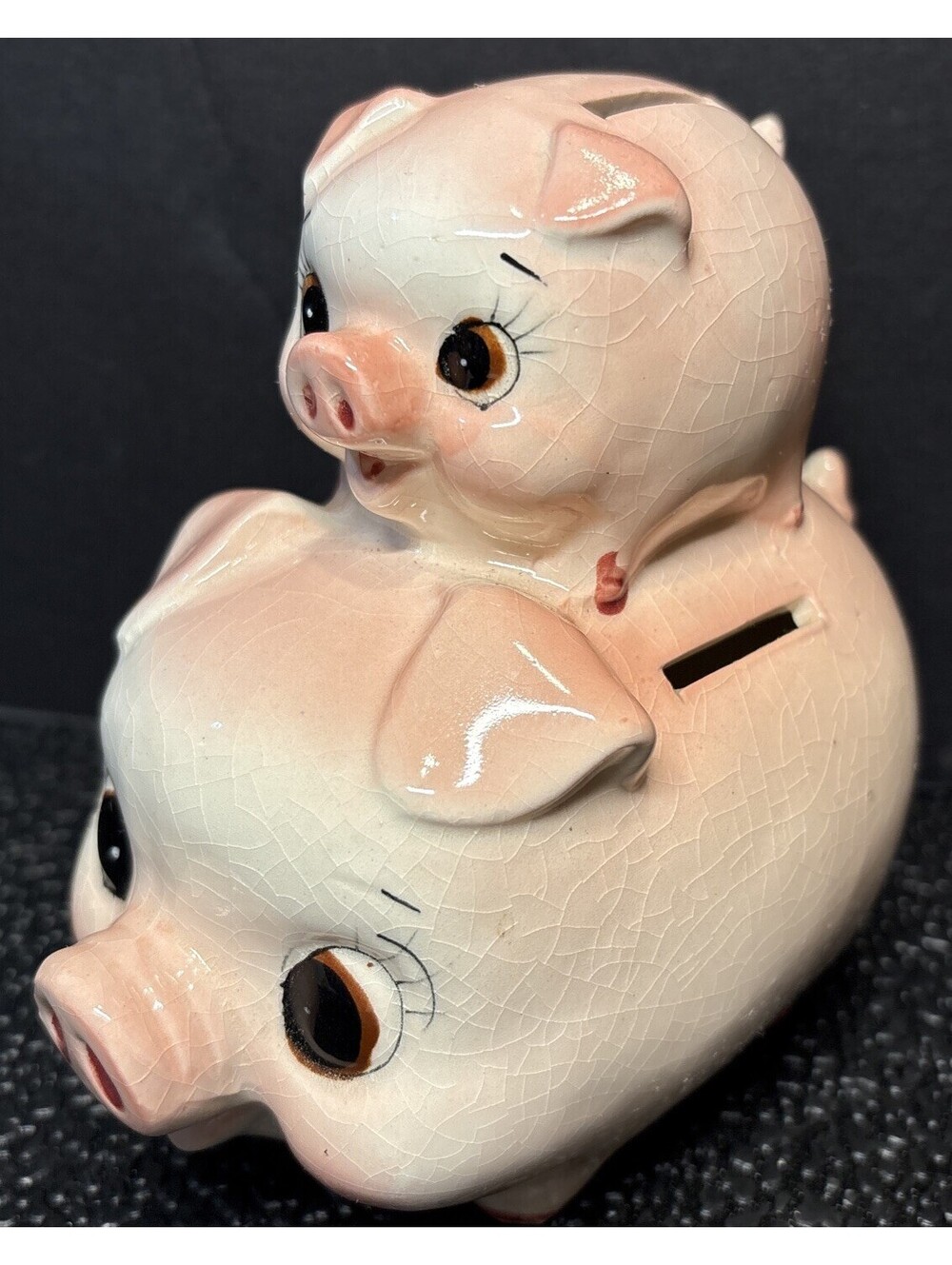 Unique 2 Hole Vintage 1960s Ceramic Piglet On Top Mommy Piggy Bank Hand Painted